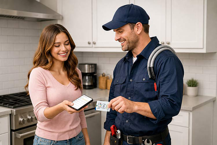 Woman and plumber tap card to phone